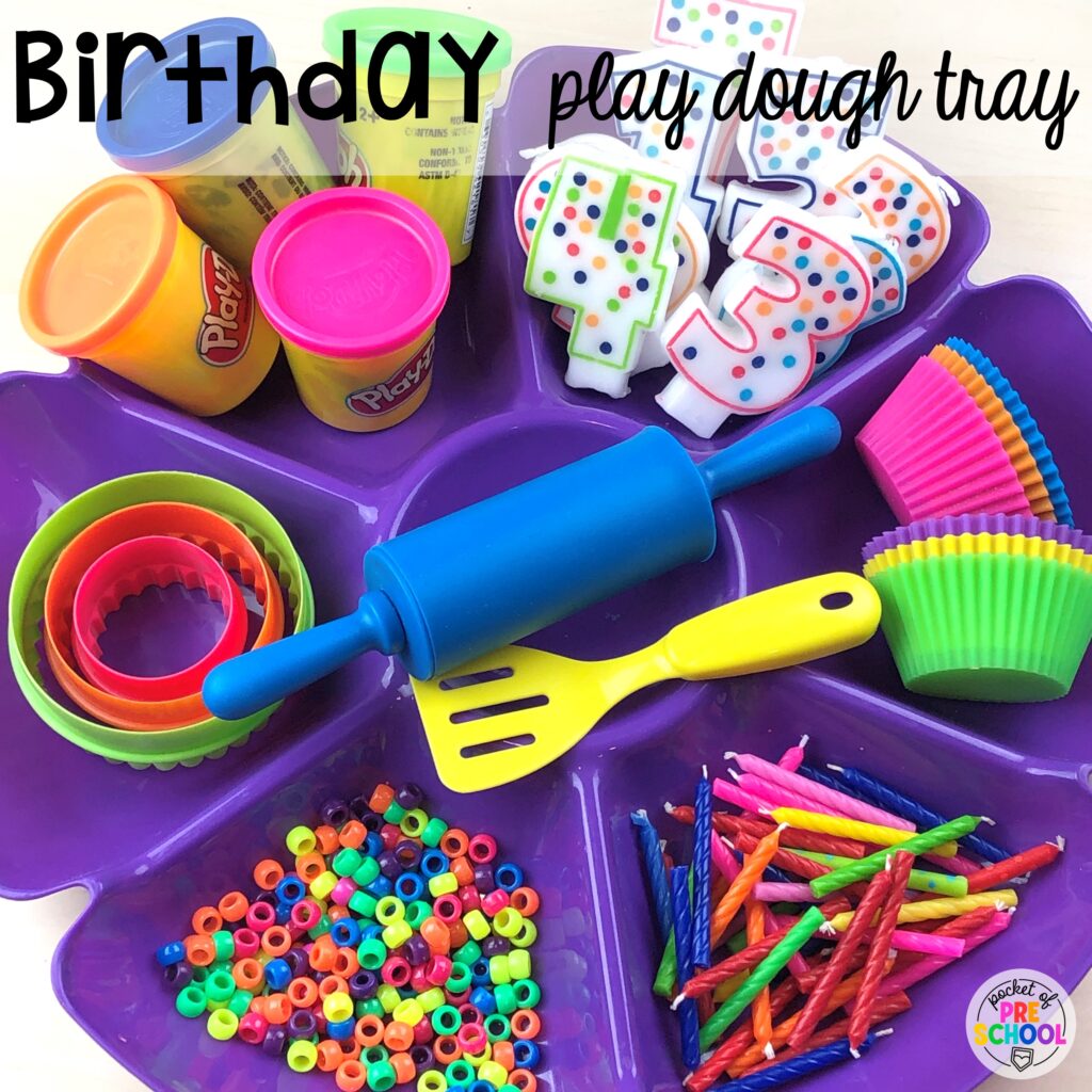Have a fun birthday theme in your classroom and use this play dough tray for a great fine motor activity. Check out over 50 play dough trays for preschool, pre-k, and kindergarten students.