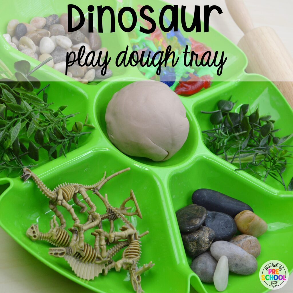 Explore dinosaurs and give students a chance to increase fine motor strength with this play dough tray. Check out over 50 play dough trays for preschool, pre-k, and kindergarten students.