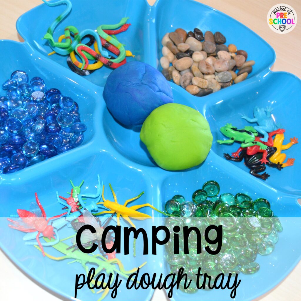 Camping play dough tray for preschool, pre-k, and kindergarten students. Play dough trays for all seasons, holidays, and tons of themes for your preschool, pre-k, and kindergarten classrooms.