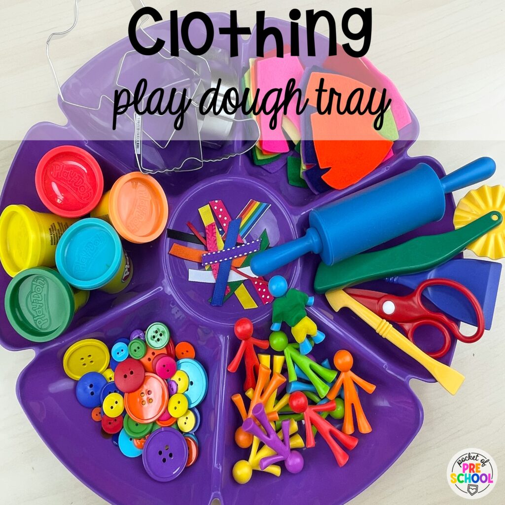 Clothing play dough tray for little learners to explore. Check out over 50 play dough trays for preschool, pre-k, and kindergarten students.