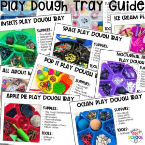 Grab the play dough tray guide that has over 55 play dough tray ideas for a preschool, pre-k, and kindergarten room.