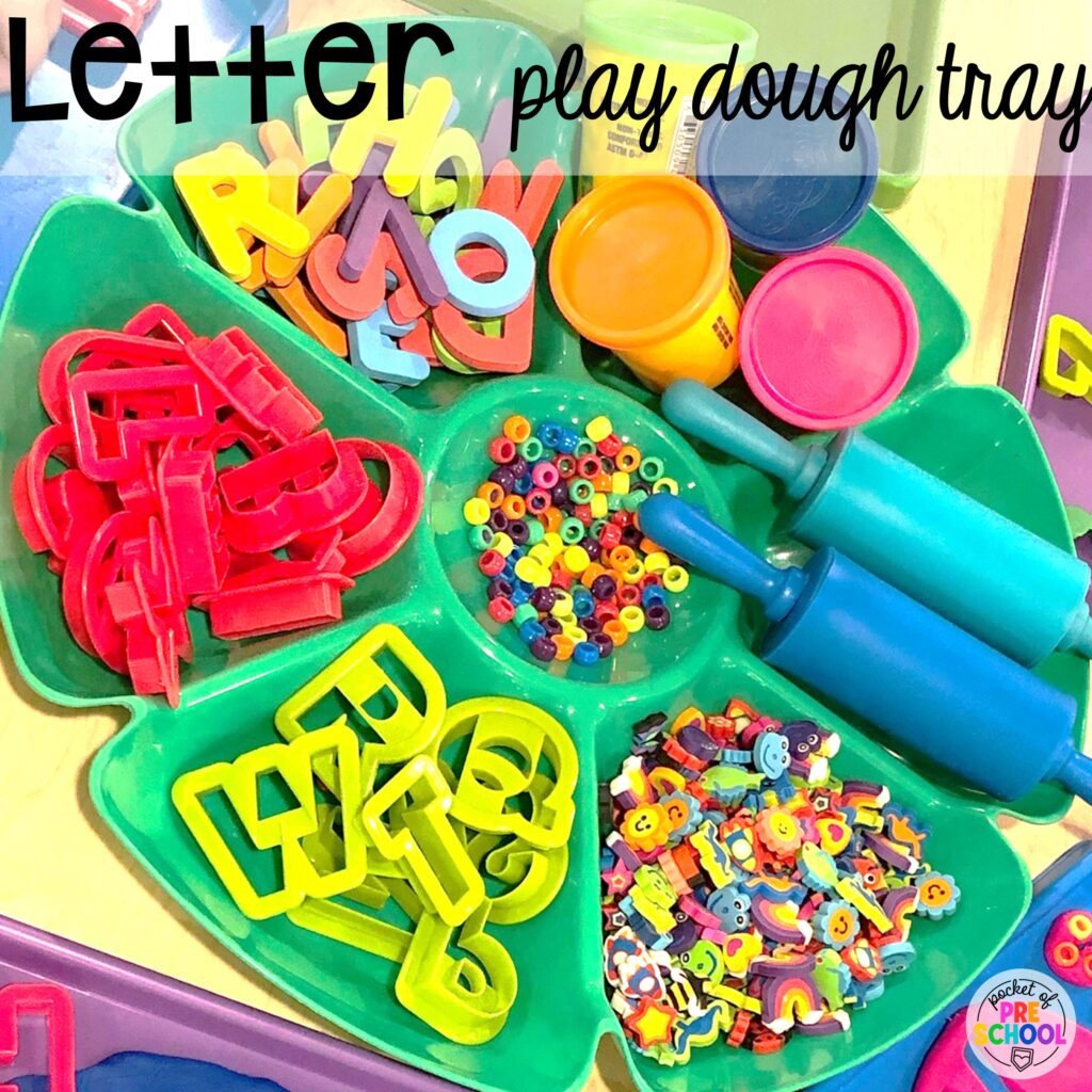 Letter play dough tray to explore letters and their formation. Play dough trays for all seasons, holidays, and tons of themes for your preschool, pre-k, and kindergarten classrooms.