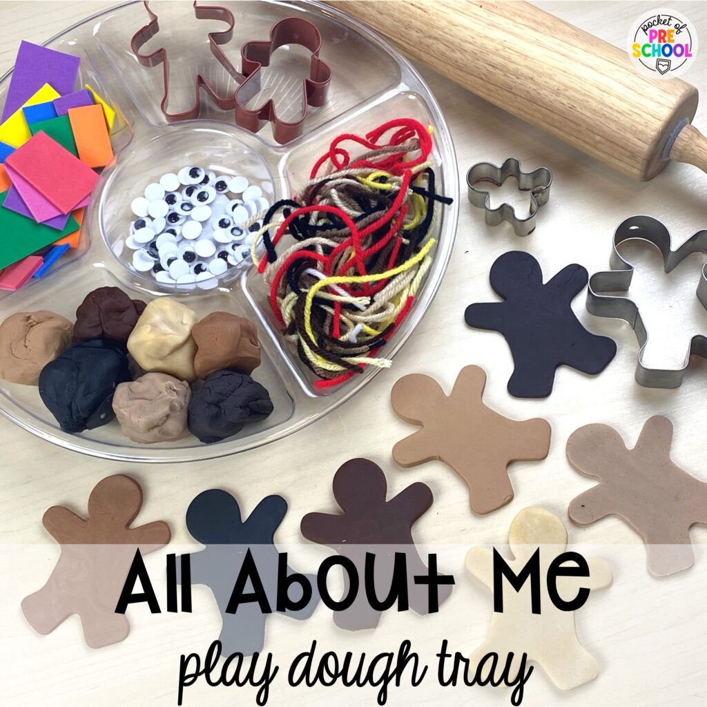 All About Me play dough tray for learning about others and themselves. Check out over 50 play dough trays for preschool, pre-k, and kindergarten students.