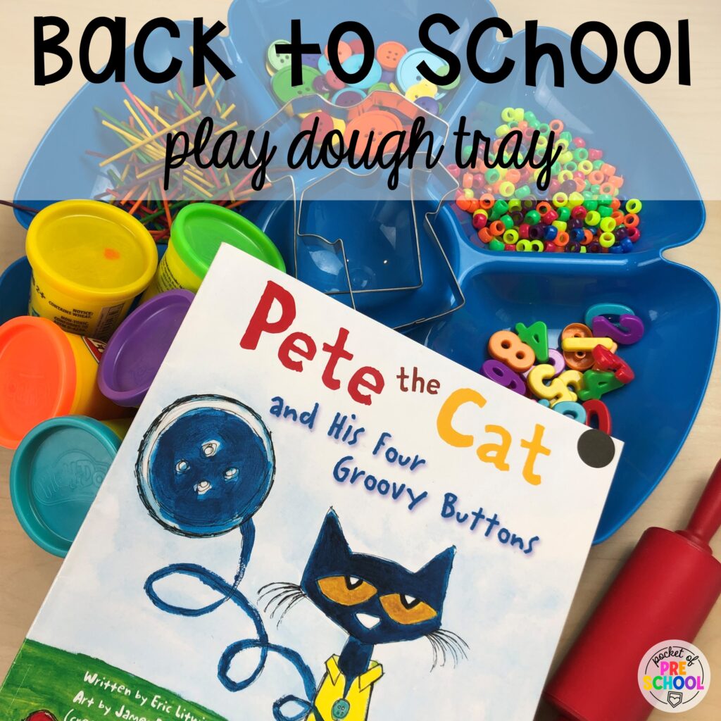 Back to school play dough tray for little learners to have a blast as they start school. Play dough trays for all seasons, holidays, and tons of themes for your preschool, pre-k, and kindergarten classrooms.