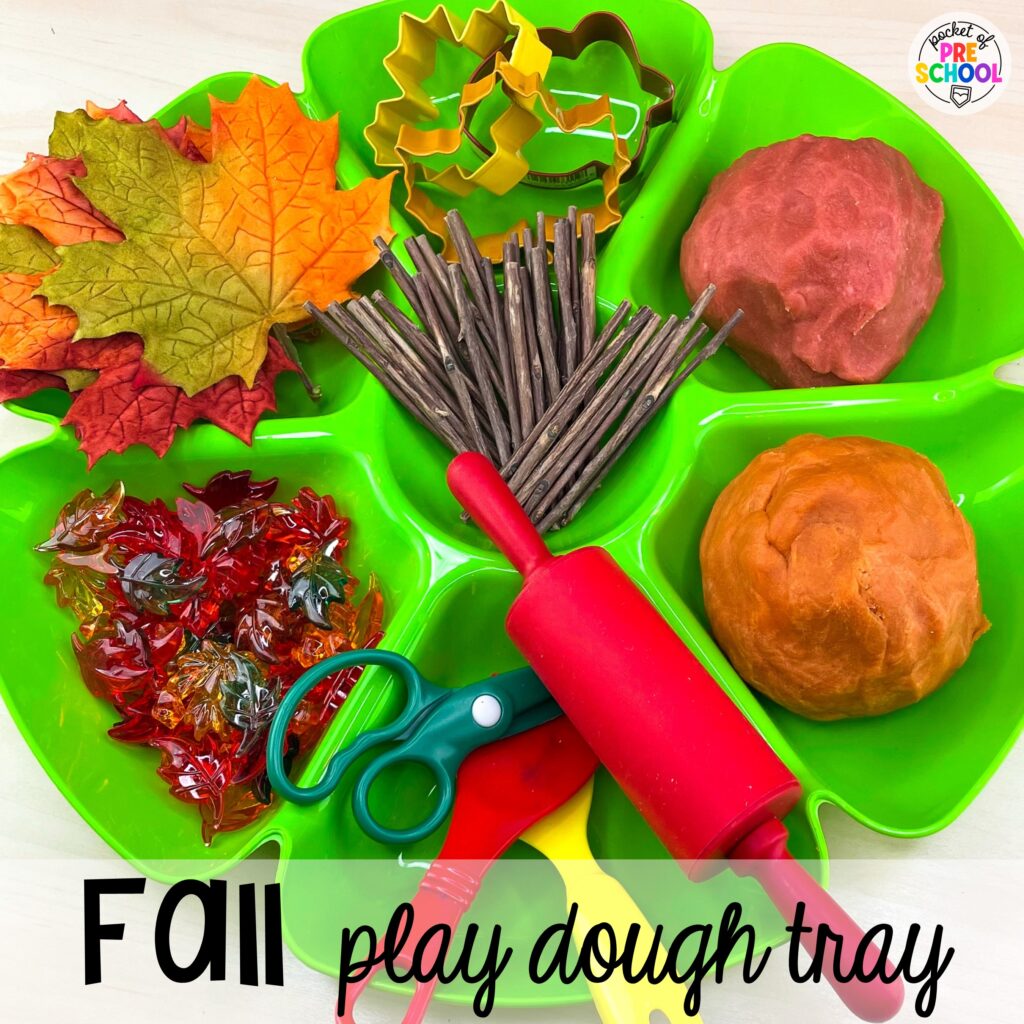 Check out this fall play dough tray for your preschool, pre-k, and kindergarten students. Check out over 50 play dough trays for preschool, pre-k, and kindergarten students.