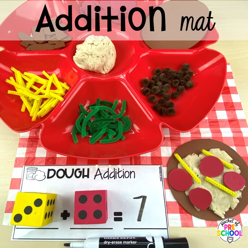 Addition practice with play dough! Read about the benefits and how to use play dough trays in the preschool, pre-k, and kindergarten classroom.