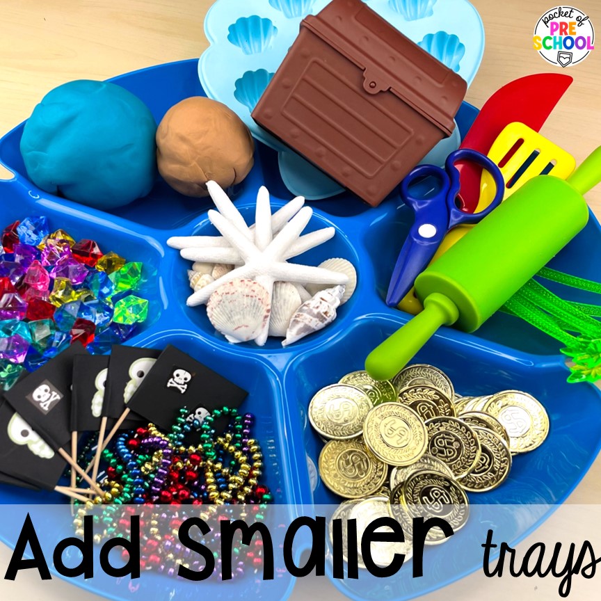 Add smaller trays to make your play dough trays more interactive. Read about the benefits and how to use play dough trays in the preschool, pre-k, and kindergarten classroom.