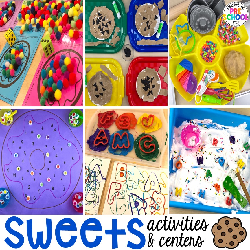 Sweets-themed activities for all areas of your preschool, pre-k, or kindergarten classroom!