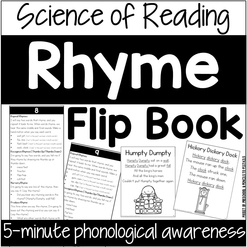 Rhyme Flip Book to build phonological awareness with 30 rhyme activities and 30 nursery rhyme posters for preschool, pre-k, and kindergarten.