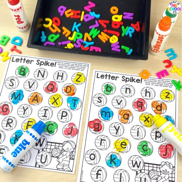 Letter spike for preschool, pre-k, and kindergarten students. Plus 16 other math and literacy activities.
