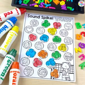 Beginning sound spike for preschool, pre-k, and kindergarten students. Plus 16 other math and literacy activities.
