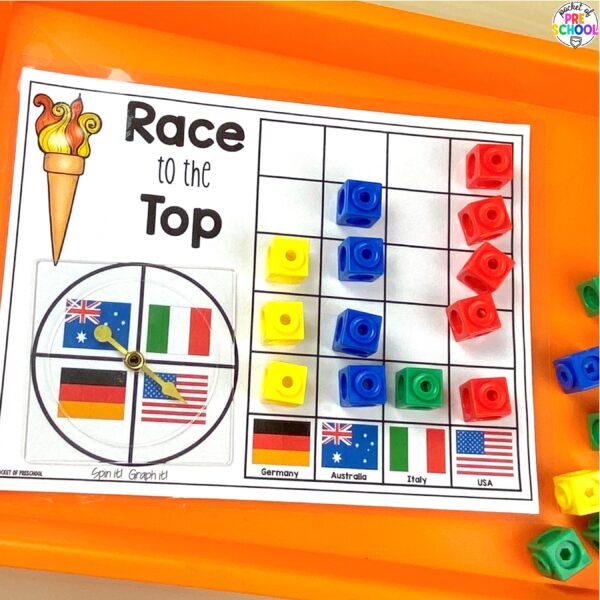 Race to the top graphing activity for preschool, pre-k, and kindergarten students. Plus 16 other math and literacy activities.