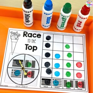 Race to the top graphing activity for preschool, pre-k, and kindergarten students. Plus 16 other math and literacy activities.
