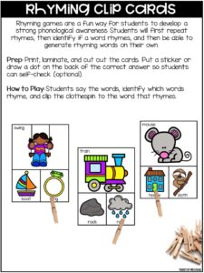Rhyming Clip Cards is a hands-on rhyming activity that teaches students to identify and match rhyming words and strengthen their phonological awareness skills.