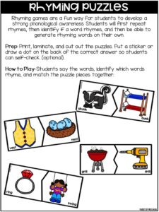 Rhyming Puzzles are a hands-on rhyming game that teaches students to identify rhyming words and strengthens their phonological awareness skills.