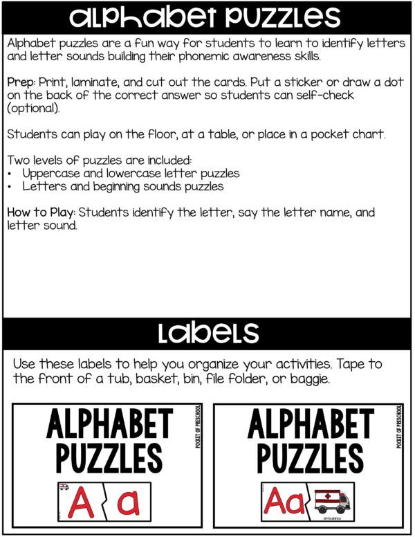 Alphabet Puzzles are a fun, hands-on alphabet activity to teach letter identification and letter sounds, building their phonemic awareness skills.