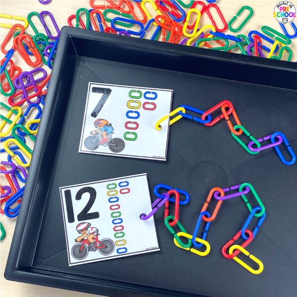 Cycling chains counting for preschool, pre-k, and kindergarten students. Plus 16 other math and literacy activities.