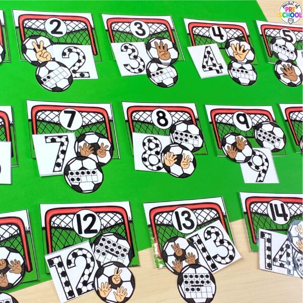 Soccer number match for preschool, pre-k, and kindergarten students. Plus 16 other math and literacy activities.