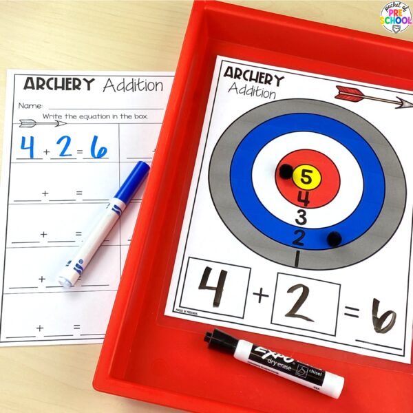 Archery addition for preschool, pre-k, and kindergarten students. Plus 16 other math and literacy activities.