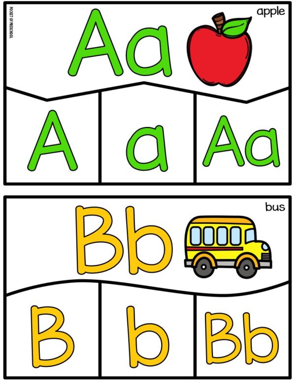 Alphabet Puzzles are a fun, hands-on alphabet activity to teach letter identification and letter sounds, building their phonemic awareness skills.