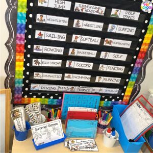 Summer games word wall for preschool, pre-k, and kindergarten students. Plus 16 other math and literacy activities.