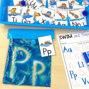 Swimming letters for preschool, pre-k, and kindergarten students. Plus 16 other math and literacy activities.