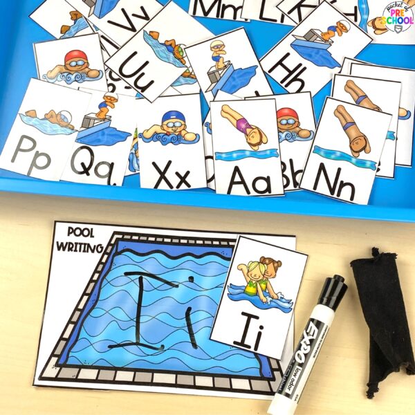 Swimming letters for preschool, pre-k, and kindergarten students. Plus 16 other math and literacy activities.