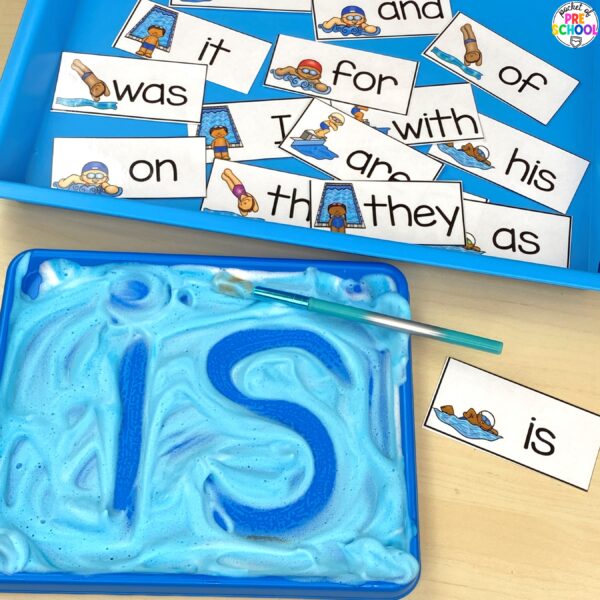 Swimming sight words for preschool, pre-k, and kindergarten students. Plus 16 other math and literacy activities.