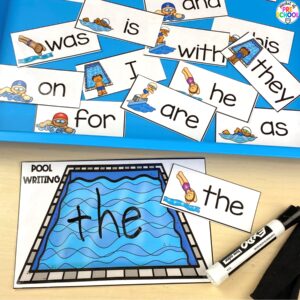 Swimming sight words for preschool, pre-k, and kindergarten students. Plus 16 other math and literacy activities.