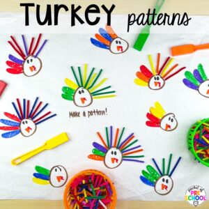 Turkey patterns activity plus 16 Fall Butcher Paper Activities for preschool, pre-k, and kindergarten students to develop math, literacy, and fine motor skills.