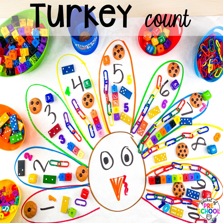 Turkey counting activity plus 16 Fall Butcher Paper Activities for preschool, pre-k, and kindergarten students to develop math, literacy, and fine motor skills.