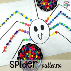 Spider fine motor pattern activity plus 16 Fall Butcher Paper Activities for preschool, pre-k, and kindergarten students to develop math, literacy, and fine motor skills.