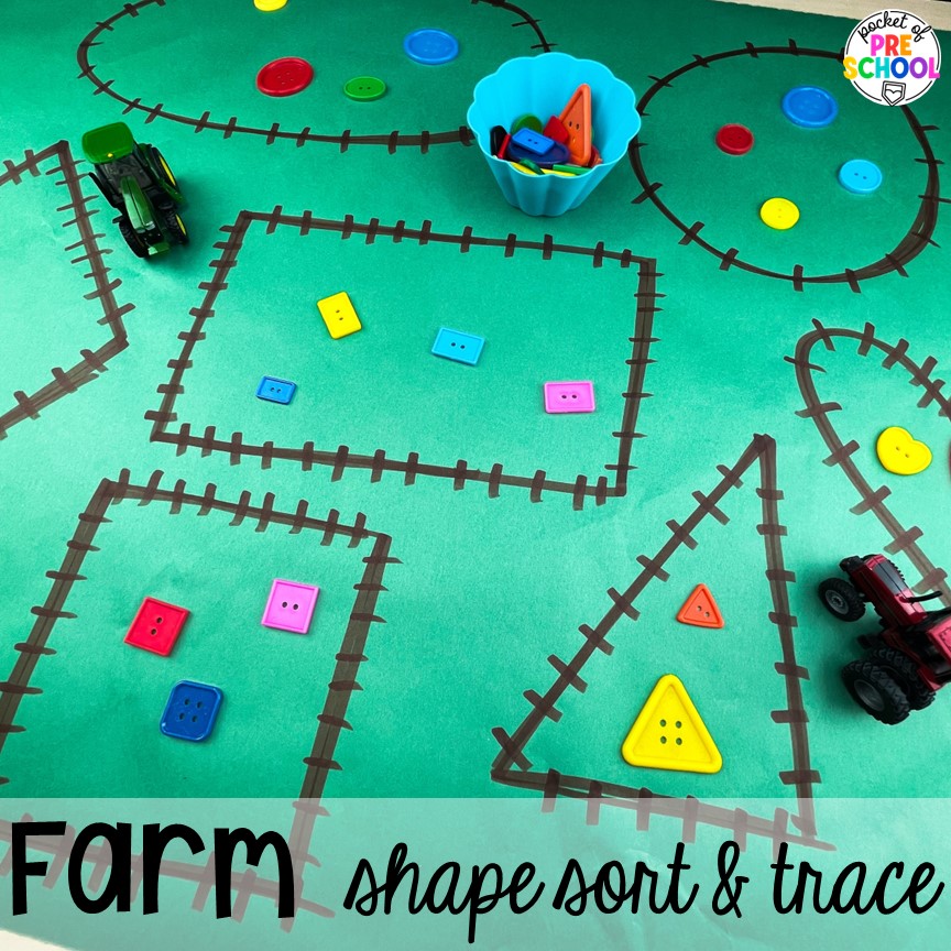 Farm shape sorting and tracing activity plus 16 Fall Butcher Paper Activities for preschool, pre-k, and kindergarten students to develop math, literacy, and fine motor skills.