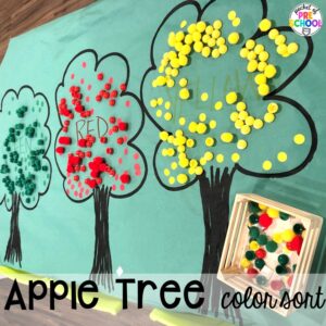 Apple tree color sorting activity plus 16 Fall Butcher Paper Activities for preschool, pre-k, and kindergarten students to develop math, literacy, and fine motor skills.