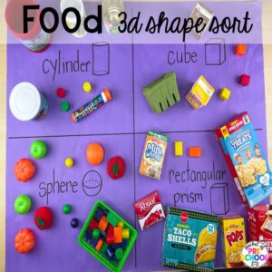 Food 3d shape sorting activity plus 16 Fall Butcher Paper Activities for preschool, pre-k, and kindergarten students to develop math, literacy, and fine motor skills.