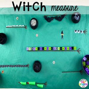 Witch measurement activity plus 16 Fall Butcher Paper Activities for preschool, pre-k, and kindergarten students to develop math, literacy, and fine motor skills.