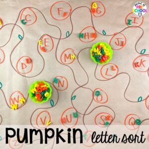 Pumpkin letter sorting activity plus 16 Fall Butcher Paper Activities for preschool, pre-k, and kindergarten students to develop math, literacy, and fine motor skills.