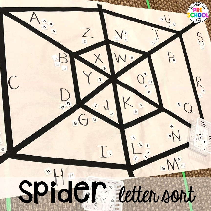 Spider web letter sorting activity plus 16 Fall Butcher Paper Activities for preschool, pre-k, and kindergarten students to develop math, literacy, and fine motor skills.