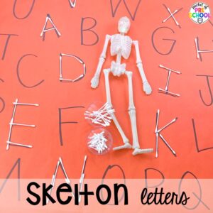 Skeleton letter formation activity plus 16 Fall Butcher Paper Activities for preschool, pre-k, and kindergarten students to develop math, literacy, and fine motor skills.