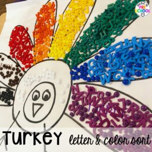 Turkey letter and color sorting activity plus 16 Fall Butcher Paper Activities for preschool, pre-k, and kindergarten students to develop math, literacy, and fine motor skills.