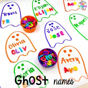 Halloween name activity plus 16 Fall Butcher Paper Activities for preschool, pre-k, and kindergarten students to develop math, literacy, and fine motor skills.