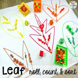 Leaf roll and count activity plus 16 Fall Butcher Paper Activities for preschool, pre-k, and kindergarten students to develop math, literacy, and fine motor skills.