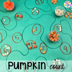 Pumpkin counting activity plus 16 Fall Butcher Paper Activities for preschool, pre-k, and kindergarten students to develop math, literacy, and fine motor skills.
