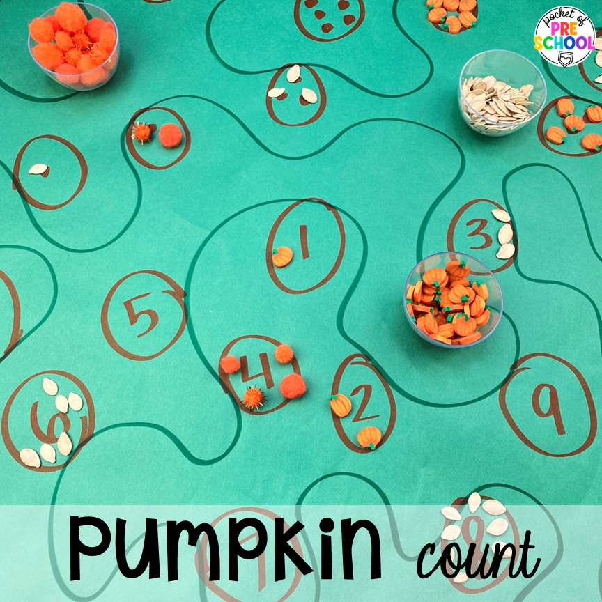 Pumpkin counting activity plus 16 Fall Butcher Paper Activities for preschool, pre-k, and kindergarten students to develop math, literacy, and fine motor skills.