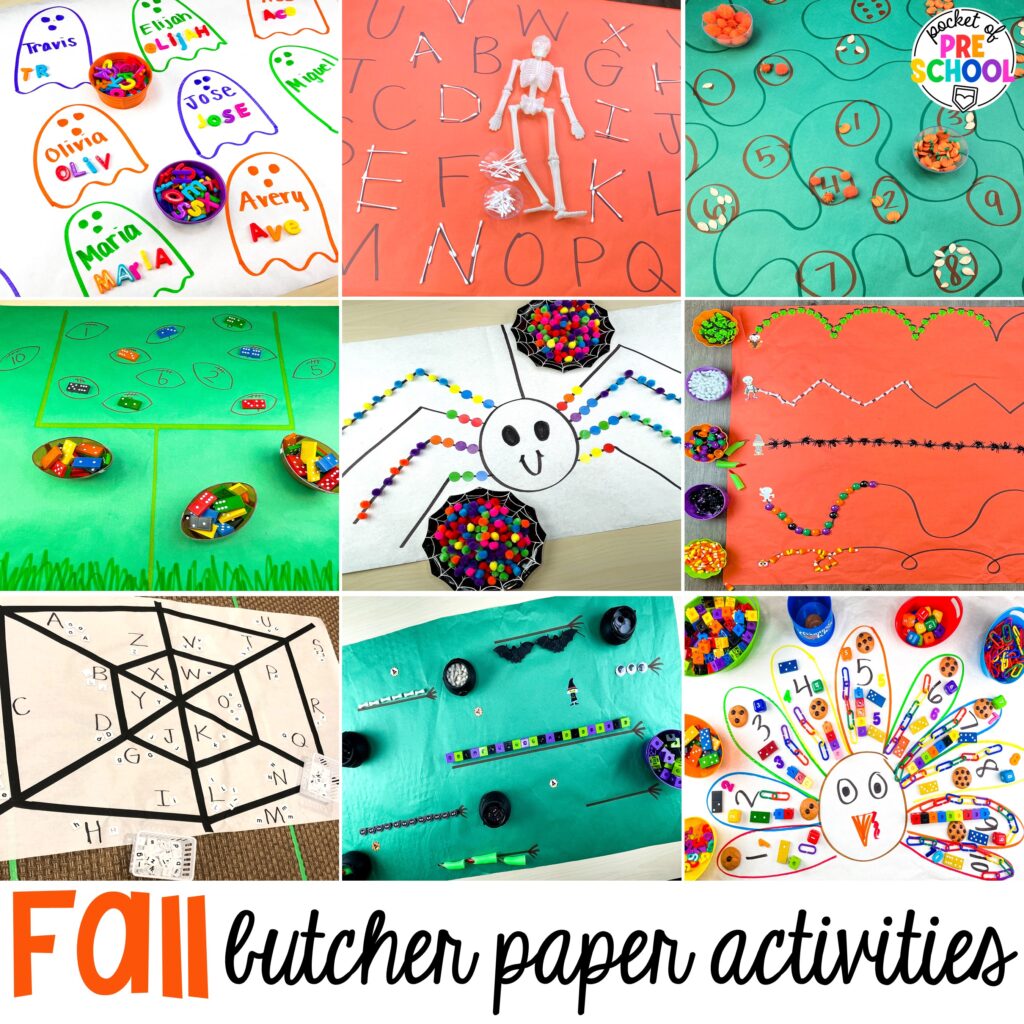 Fall Butcher Paper Activities for preschool, pre-k, and kindergarten students to develop math, literacy, and fine motor skills.