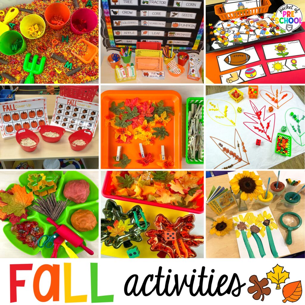Fall math, literacy, fine motor, art, sensory, and dramatic play activities for your preschool, pre-k, and kindergarten classroom.