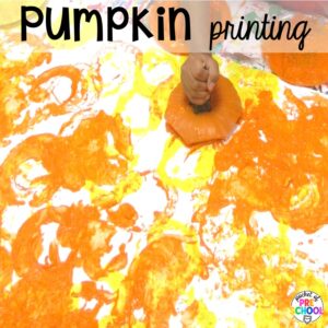 Pumpkin printing art plus 18 more fall process art activities for preschool, pre-k, and kindergarten students.