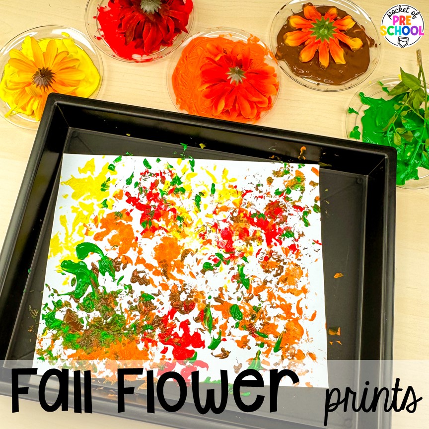 Fall flower prints plus 18 more fall process art activities for preschool, pre-k, and kindergarten students.