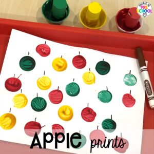 Apple prints plus 18 more fall process art activities for preschool, pre-k, and kindergarten students.