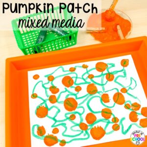 Pumpkin patch mixed media art plus 18 more fall process art activities for preschool, pre-k, and kindergarten students.